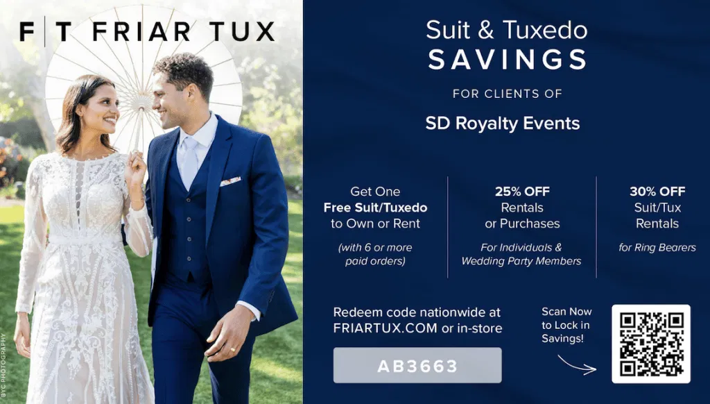 Friar Tux preferred vendor flyer showing formalwear savings for SD Royalty Events clients