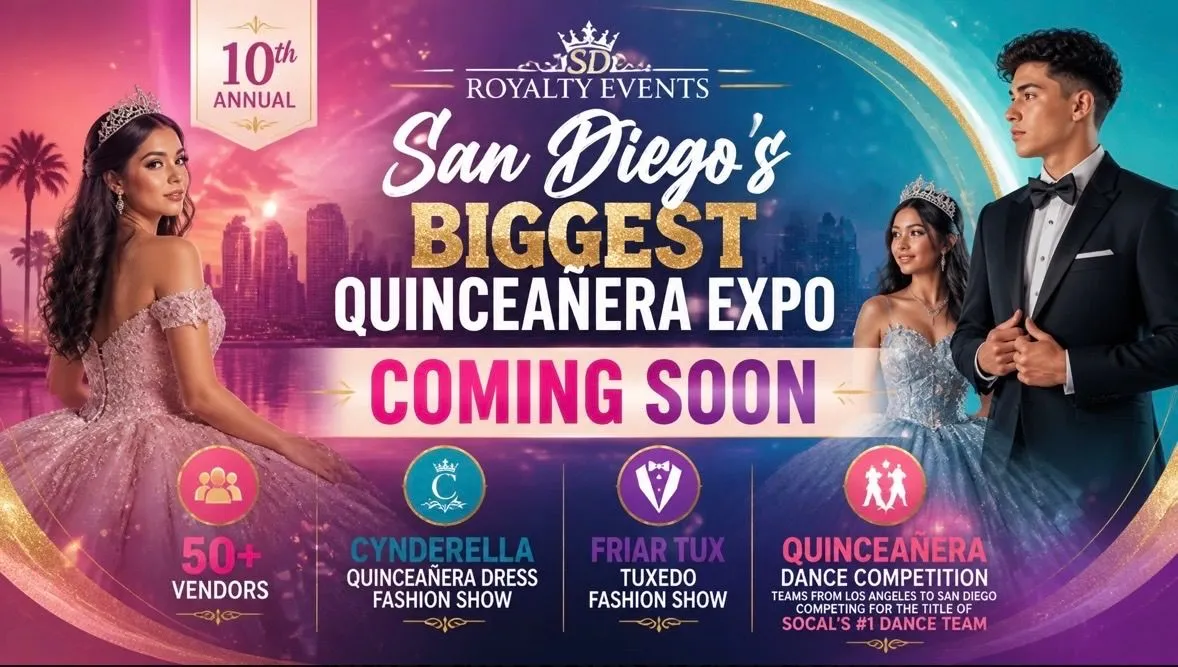 San Diego's Biggest Quinceañera Expo flyer with a quinceañera in a pink gown, formalwear models, the San Diego skyline, and the event highlights